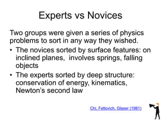 Experts vs Novices
Two groups were given a series of physics
problems to sort in any way they wished.
• The novices sorted by surface features: on
inclined planes, involves springs, falling
objects
• The experts sorted by deep structure:
conservation of energy, kinematics,
Newton’s second law
Chi, Feltovich, Glaser (1981)
 