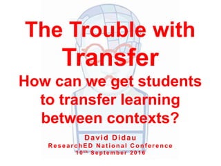 The Trouble with
Transfer
How can we get students
to transfer learning
between contexts?
David Didau
R esearchED N at ional C onf erence
1 0 t h S e p t e m b e r 2 0 1 6
 
