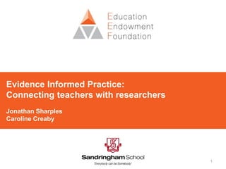 1
Evidence Informed Practice:
Connecting teachers with researchers
Jonathan Sharples
Caroline Creaby
 