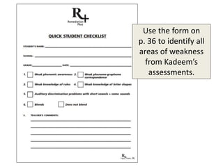 Use the form on
p. 36 to identify all
areas of weakness
from Kadeem’s
assessments.
 