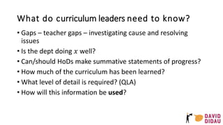 What do curriculum leaders need to know?
• Gaps – teacher gaps – investigating cause and resolving
issues
• Is the dept doing 𝑥 well?
• Can/should HoDs make summative statements of progress?
• How much of the curriculum has been learned?
• What level of detail is required? (QLA)
• How will this information be used?
 