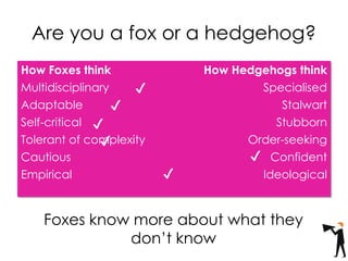 Are you a fox or a hedgehog?
How Foxes think How Hedgehogs think
Multidisciplinary Specialised
Adaptable Stalwart
Self-critical Stubborn
Tolerant of complexity Order-seeking
Cautious Confident
Empirical Ideological
✔
✔
✔
✔
✔
✔
Foxes know more about what they
don’t know
 