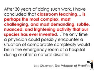 After 30 years of doing such work, I have
concluded that classroom teaching… is
perhaps the most complex, most
challenging, and most demanding, subtle,
nuanced, and frightening activity that our
species has ever invented…The only time
a physician could possibly encounter a
situation of comparable complexity would
be in the emergency room of a hospital
during or after a natural disaster.
Lee Shulman, The Wisdom of Practice
 