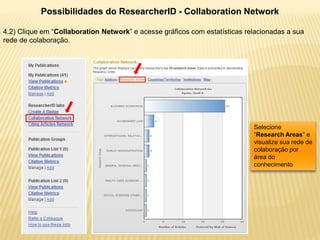 Possibilidades do ResearcherID - Collaboration Network

4.2) Clique em “Collaboration Network” e acesse gráficos com estatísticas relacionadas a sua
rede de colaboração.




                                                                            Selecione
                                                                            “Research Areas” e
                                                                            visualize sua rede de
                                                                            colaboração por
                                                                            área do
                                                                            conhecimento
 
