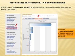Possibilidades do ResearcherID - Collaboration Network

4.3) Clique em “Collaboration Network” e acesse gráficos com estatísticas relacionadas a sua
rede de colaboração.




                                                                           Selecione
                                                                           “Countries/Territories”
                                                                           e visualize sua rede de
                                                                           colaboração distribuída
                                                                           por países
 