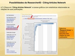 Possibilidades do ResearcherID - Citing Articles Network

4.7) Clique em “Citing Articles Network” e acesse gráficos com estatísticas relacionadas as
citações de suas publicações.




                                                                             Selecione
                                                                             “Research Areas” e
                                                                             visualize os
                                                                             assuntos mais
                                                                             citados de suas
                                                                             publicações
 