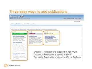 Three easy ways to add publications
Option 1: Publications indexed in ISI WOK
Option 2: Publications saved in ENW
Option 3: Publications saved in EN or RefMan
 