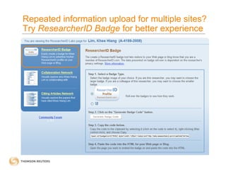 Repeated information upload for multiple sites?
Try ResearcherID Badge for better experience
 