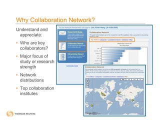 Why Collaboration Network?
Understand and
appreciate:
• Who are key
collaborators?
• Major focus of
study or research
strength
• Network
distributions
• Top collaboration
institutes
 