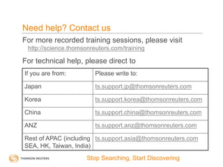 Need help? Contact us
For more recorded training sessions, please visit
http://science.thomsonreuters.com/training
For technical help, please direct to
If you are from: Please write to:
Japan ts.support.jp@thomsonreuters.com
Korea ts.support.korea@thomsonreuters.com
China ts.support.china@thomsonreuters.com
ANZ ts.support.anz@thomsonreuters.com
Rest of APAC (including
SEA, HK, Taiwan, India)
ts.support.asia@thomsonreuters.com
Stop Searching, Start Discovering
 