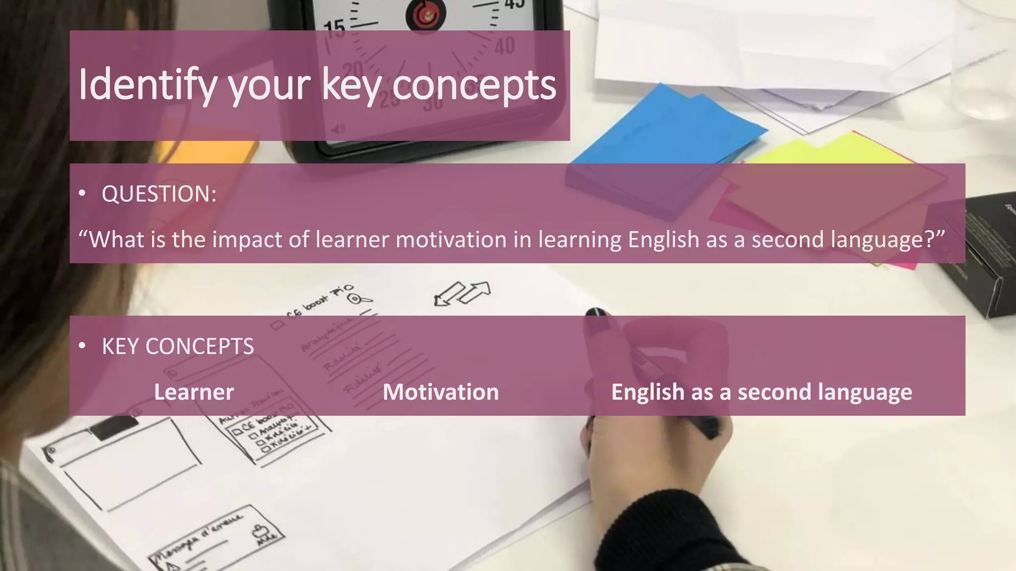 Identify your key concepts
• QUESTION:
“What is the impact of learner motivation in learning English as a second language?”
• KEY CONCEPTS
Learner Motivation English as a second language
 