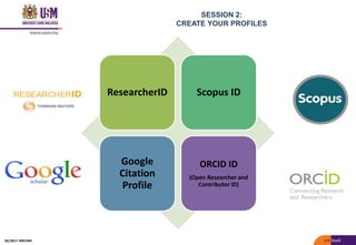 SESSION 2:
CREATE YOUR PROFILES
ResearcherID Scopus ID
Google
Citation
Profile
ORCID ID
(Open Researcher and
Contributor ID)
05/2017: BRP/MII
 