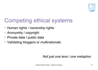 Competing ethical systems Human rights / ownership rights Anonymity / copyright Private data / public data Validating bloggers or multinationals Not just one lens / one metaphor Internet Research Ethics - Rebecca Ferguson 