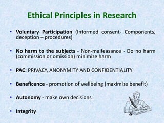 Ethical Principles in Research
• Voluntary Participation (Informed consent- Components,
deception – procedures)
• No harm to the subjects - Non-malfeasance - Do no harm
(commission or omission) minimize harm
• PAC: PRIVACY, ANONYMITY AND CONFIDENTIALITY
• Beneficence - promotion of wellbeing (maximize benefit)
• Autonomy - make own decisions
• Integrity
 
