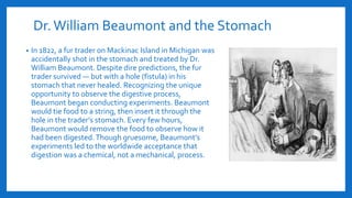 Dr.William Beaumont and the Stomach
• In 1822, a fur trader on Mackinac Island in Michigan was
accidentally shot in the stomach and treated by Dr.
William Beaumont. Despite dire predictions, the fur
trader survived — but with a hole (fistula) in his
stomach that never healed. Recognizing the unique
opportunity to observe the digestive process,
Beaumont began conducting experiments. Beaumont
would tie food to a string, then insert it through the
hole in the trader’s stomach. Every few hours,
Beaumont would remove the food to observe how it
had been digested.Though gruesome, Beaumont’s
experiments led to the worldwide acceptance that
digestion was a chemical, not a mechanical, process.
 