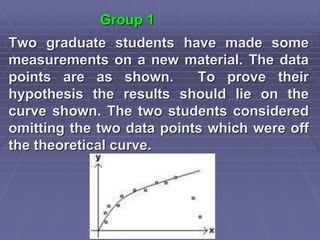 Group 1
Two graduate students have made some
measurements on a new material. The data
points are as shown. To prove their
hypothesis the results should lie on the
curve shown. The two students considered
omitting the two data points which were off
the theoretical curve.
 