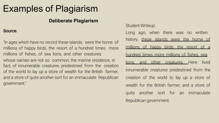 Examples of Plagiarism
Deliberate Plagiarism
Source:
"In ages which have no record these islands were the home of
millions of happy birds, the resort of a hundred times more
millions of ﬁshes, of sea lions, and other creatures
whose names are not so common; the marine residence, in
fact, of innumerable creatures predestined from the creation
of the world to lay up a store of wealth for the British farmer,
and a store of quite another sort for an immaculate Republican
government."
Student Writeup:
Long ago, when there was no written
history, these islands were the home of
millions of happy birds; the resort of a
hundred times more millions of ﬁshes, sea
lions, and other creatures. Here lived
innumerable creatures predestined from the
creation of the world to lay up a store of
wealth for the British farmer, and a store of
quite another sort for an immaculate
Republican government.
 