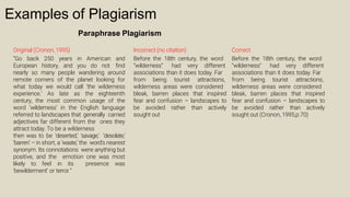 Examples of Plagiarism
Paraphrase Plagiarism
Original (Cronon, 1995)
“Go back 250 years in American and
European history, and you do not ﬁnd
nearly so many people wandering around
remote corners of the planet looking for
what today we would call ‘the wilderness
experience.’ As late as the eighteenth
century, the most common usage of the
word ‘wilderness’ in the English language
referred to landscapes that generally carried
adjectives far different from the ones they
attract today. To be a wilderness
then was to be ‘deserted,’ ‘savage,’ ‘desolate,’
‘barren’ – in short, a ‘waste,’ the word’s nearest
synonym. Its connotations were anything but
positive, and the emotion one was most
likely to feel in its presence was
‘bewilderment’ or terror.”
Incorrect (no citation)
Before the 18th century, the word
“wilderness” had very different
associations than it does today. Far
from being tourist attractions,
wilderness areas were considered
bleak, barren places that inspired
fear and confusion – landscapes to
be avoided rather than actively
sought out
Correct
Before the 18th century, the word
“wilderness” had very different
associations than it does today. Far
from being tourist attractions,
wilderness areas were considered
bleak, barren places that inspired
fear and confusion – landscapes to
be avoided rather than actively
sought out (Cronon, 1995,p.70)
 