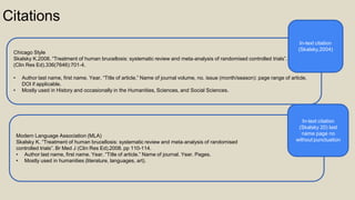 Chicago Style
Skalsky K.2008. “Treatment of human brucellosis: systematic review and meta‐analysis of randomised controlled trials”. Br Med J
(Clin Res Ed).336(7646):701‐4.
• Author last name, first name. Year. “Title of article.” Name of journal volume, no. issue (month/season): page range of article.
DOI if applicable.
• Mostly used in History and occasionally in the Humanities, Sciences, and Social Sciences.
Citations
In-text citation
(Skalsky,2004)
Modern Language Association (MLA)
Skalsky K. “Treatment of human brucellosis: systematic review and meta‐analysis of randomised
controlled trials”. Br Med J (Clin Res Ed).2008. pp 110-114.
• Author last name, first name. Year. “Title of article.” Name of journal. Year. Pages.
• Mostly used in humanities (literature, languages, art).
In-text citation
(Skalsky 20) last
name page no
without punctuation
 
