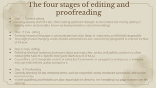The four stages of editing and
proofreading
● Step 1: Content editing
● Revising an early draft of a text, often making significant changes to the content and moving, adding or
deleting entire sections (also known as developmental or substantive editing).
● Step 2: Line editing
● Revising the use of language to communicate your story, ideas, or arguments as effectively as possible.
● This might involve changing words, phrases and sentences and restructuring paragraphs to improve the flow
of the text.
● Step 3: Copy editing
● Polishing individual sentences to ensure correct grammar, clear syntax, and stylistic consistency, often
following the rules of a specific style guide (such as APA or MLA).
● Copy editors don’t change the content of a text, but if a sentence or paragraph is ambiguous or awkward,
they can work with the author to improve it.
● Step 4: Proofreading
● Carefully checking for any remaining errors, such as misspelled words, misplaced punctuation, and stylistic
inconsistencies.
● In print publishing, proofreaders are also responsible for checking the formatting (e.g. page numbers and line
spacing).
 