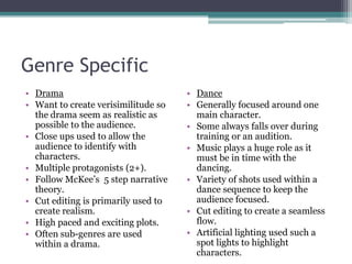 Genre SpecificDramaWant to create verisimilitude so the drama seem as realistic as possible to the audience. Close ups used to allow the audience to identify with characters.Multiple protagonists (2+).Follow McKee’s  5 step narrative theory.Cut editing is primarily used to create realism. High paced and exciting plots.Often sub-genres are used within a drama.DanceGenerally focused around one main character.Some always falls over during training or an audition.Music plays a huge role as it must be in time with the dancing.Variety of shots used within a dance sequence to keep the audience focused. Cut editing to create a seamless flow. Artificial lighting used such a spot lights to highlight characters.