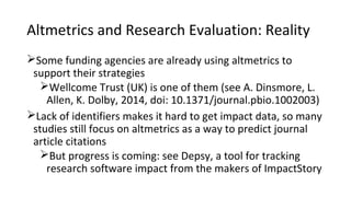 Altmetrics and Research Evaluation: Reality
Some funding agencies are already using altmetrics to
support their strategie...