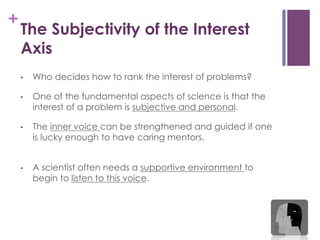 +

The Subjectivity of the Interest
Axis
• 

Who decides how to rank the interest of problems?

• 

One of the fundamental aspects of science is that the
interest of a problem is subjective and personal.

• 

The inner voice can be strengthened and guided if one
is lucky enough to have caring mentors.

• 

A scientist often needs a supportive environment to
begin to listen to this voice.

 