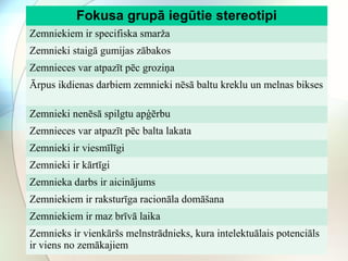 Fokusa grupā iegūtie stereotipi 
Zemniekiem ir specifiska smarža 
Zemnieki staigā gumijas zābakos 
Zemnieces var atpazīt pēc groziņa 
Ārpus ikdienas darbiem zemnieki nēsā baltu kreklu un melnas bikses 
Zemnieki nenēsā spilgtu apģērbu 
Zemnieces var atpazīt pēc balta lakata 
Zemnieki ir viesmīlīgi 
Zemnieki ir kārtīgi 
Zemnieka darbs ir aicinājums 
Zemniekiem ir raksturīga racionāla domāšana 
Zemniekiem ir maz brīvā laika 
Zemnieks ir vienkāršs melnstrādnieks, kura intelektuālais potenciāls 
ir viens no zemākajiem 
 