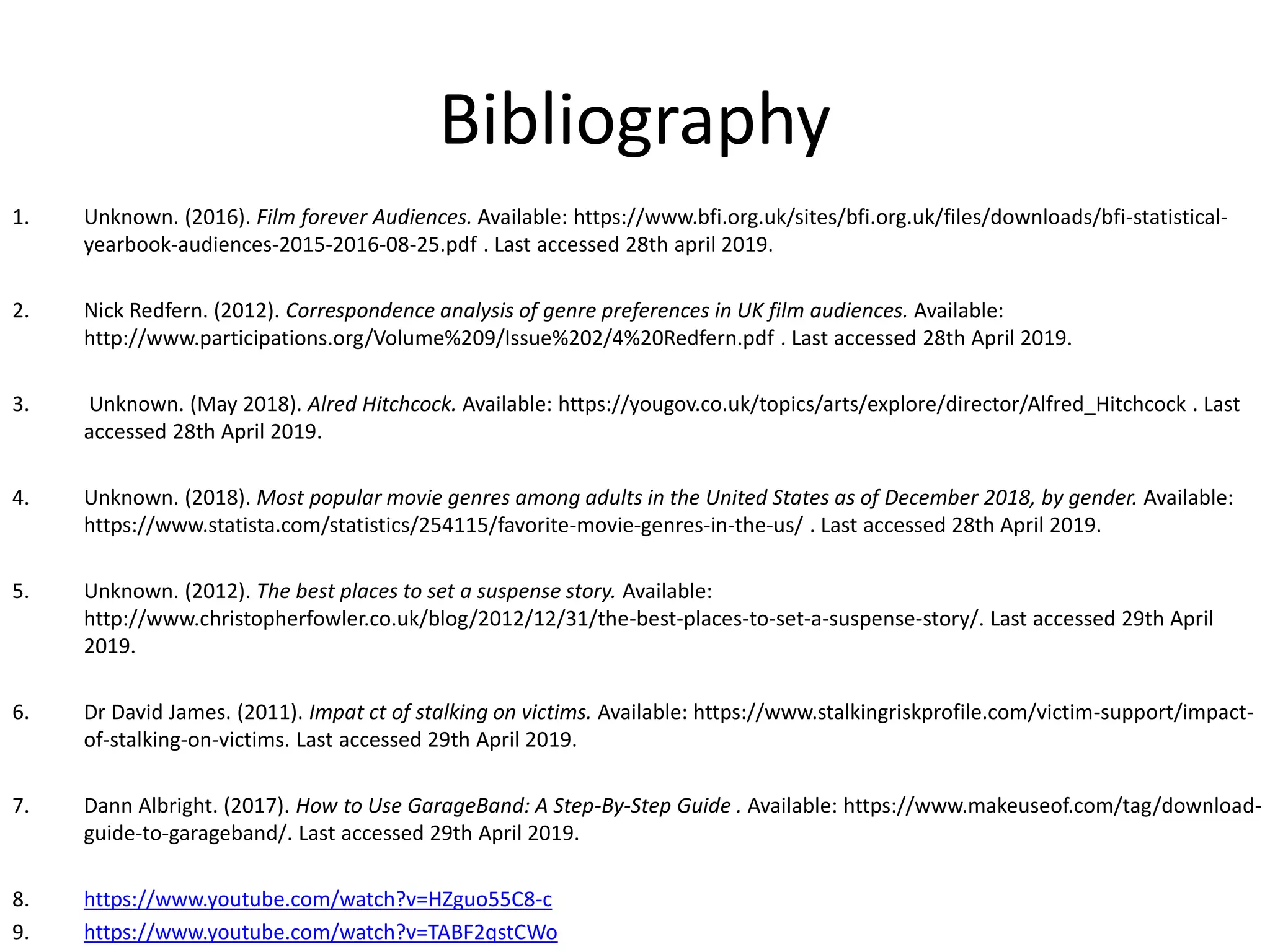 Bibliography
1. Unknown. (2016). Film forever Audiences. Available: https://www.bfi.org.uk/sites/bfi.org.uk/files/downloads/bfi-statistical-
yearbook-audiences-2015-2016-08-25.pdf . Last accessed 28th april 2019.
2. Nick Redfern. (2012). Correspondence analysis of genre preferences in UK film audiences. Available:
http://www.participations.org/Volume%209/Issue%202/4%20Redfern.pdf . Last accessed 28th April 2019.
3. Unknown. (May 2018). Alred Hitchcock. Available: https://yougov.co.uk/topics/arts/explore/director/Alfred_Hitchcock . Last
accessed 28th April 2019.
4. Unknown. (2018). Most popular movie genres among adults in the United States as of December 2018, by gender. Available:
https://www.statista.com/statistics/254115/favorite-movie-genres-in-the-us/ . Last accessed 28th April 2019.
5. Unknown. (2012). The best places to set a suspense story. Available:
http://www.christopherfowler.co.uk/blog/2012/12/31/the-best-places-to-set-a-suspense-story/. Last accessed 29th April
2019.
6. Dr David James. (2011). Impat ct of stalking on victims. Available: https://www.stalkingriskprofile.com/victim-support/impact-
of-stalking-on-victims. Last accessed 29th April 2019.
7. Dann Albright. (2017). How to Use GarageBand: A Step-By-Step Guide . Available: https://www.makeuseof.com/tag/download-
guide-to-garageband/. Last accessed 29th April 2019.
8. https://www.youtube.com/watch?v=HZguo55C8-c
9. https://www.youtube.com/watch?v=TABF2qstCWo
 