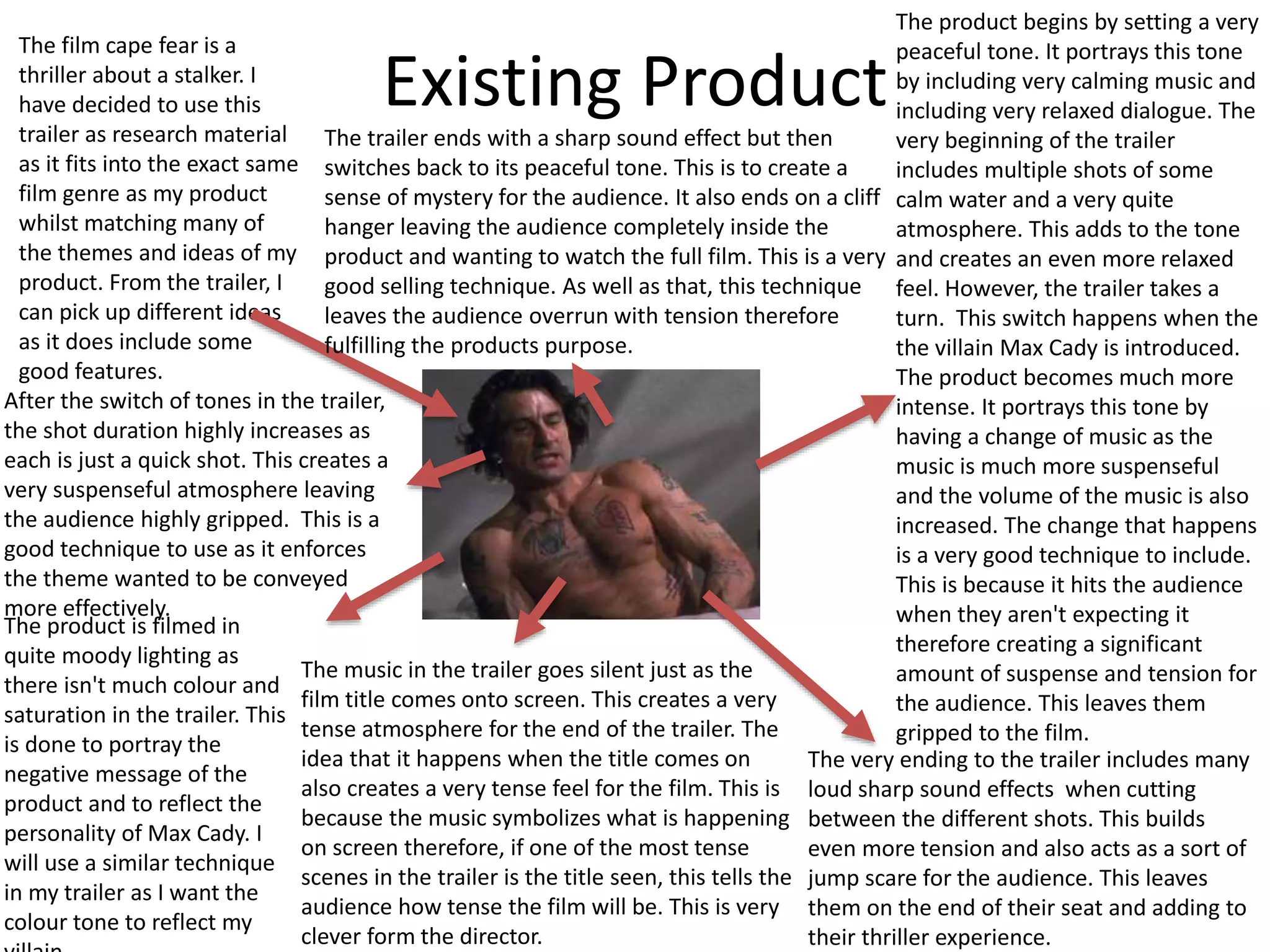 Existing Product
The film cape fear is a
thriller about a stalker. I
have decided to use this
trailer as research material
as it fits into the exact same
film genre as my product
whilst matching many of
the themes and ideas of my
product. From the trailer, I
can pick up different ideas
as it does include some
good features.
The product begins by setting a very
peaceful tone. It portrays this tone
by including very calming music and
including very relaxed dialogue. The
very beginning of the trailer
includes multiple shots of some
calm water and a very quite
atmosphere. This adds to the tone
and creates an even more relaxed
feel. However, the trailer takes a
turn. This switch happens when the
the villain Max Cady is introduced.
The product becomes much more
intense. It portrays this tone by
having a change of music as the
music is much more suspenseful
and the volume of the music is also
increased. The change that happens
is a very good technique to include.
This is because it hits the audience
when they aren't expecting it
therefore creating a significant
amount of suspense and tension for
the audience. This leaves them
gripped to the film.
After the switch of tones in the trailer,
the shot duration highly increases as
each is just a quick shot. This creates a
very suspenseful atmosphere leaving
the audience highly gripped. This is a
good technique to use as it enforces
the theme wanted to be conveyed
more effectively.
The product is filmed in
quite moody lighting as
there isn't much colour and
saturation in the trailer. This
is done to portray the
negative message of the
product and to reflect the
personality of Max Cady. I
will use a similar technique
in my trailer as I want the
colour tone to reflect my
The very ending to the trailer includes many
loud sharp sound effects when cutting
between the different shots. This builds
even more tension and also acts as a sort of
jump scare for the audience. This leaves
them on the end of their seat and adding to
their thriller experience.
The trailer ends with a sharp sound effect but then
switches back to its peaceful tone. This is to create a
sense of mystery for the audience. It also ends on a cliff
hanger leaving the audience completely inside the
product and wanting to watch the full film. This is a very
good selling technique. As well as that, this technique
leaves the audience overrun with tension therefore
fulfilling the products purpose.
The music in the trailer goes silent just as the
film title comes onto screen. This creates a very
tense atmosphere for the end of the trailer. The
idea that it happens when the title comes on
also creates a very tense feel for the film. This is
because the music symbolizes what is happening
on screen therefore, if one of the most tense
scenes in the trailer is the title seen, this tells the
audience how tense the film will be. This is very
clever form the director.
 