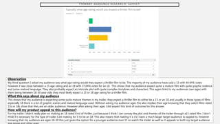 P R I M A R Y A U D I E N C E R E S E A R C H : S U R V E Y
Observation
My third question I asked my audience was what age rating would they expect a thriller film to be. The majority of my audience have said a 15 with 44.44% votes
however it was close between a 15 age rating and an 18 with 37.04% votes for an 18. This shows that my audience expect quite a mature film with quite graphic violence
and some mature language. They also probably expect an intricate plot with quite complex storylines and characters. This again links to my audiences own ages with
them being between 18-30 year olds they most likely expect a 15 or 18 age rating for a thriller film.
What this says about my audience
This shows that my audience is expecting some quite mature themes in my trailer, they expect a thriller film to either be a 15 or an 18 and usually in those types of films
especially 18 there is a lot of graphic scenes and mature language used. Without asking my audience ages this also implies their age knowing that they watch films rated
15s or 18s show that they are an older audience. However after asking their ages I did expect this kind of outcome for this answer.
How will my product appeal to this audience?
For my trailer I didn’t really plan on making an 18 rated kind of thriller, just because I think I can convey the plot and themes of the trailer through a15 rated film. I don’t
think it’s necessary for the type of trailer I am making for it to be an 18. This also means that making it a 15 I have a much larger target audience to appeal to, however
knowing that my audience are ages 18-30 this just gives the option for a younger audience over 15 to watch the trailer as well so it appeals to both my target audience
 