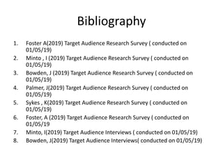 Bibliography
1. Foster A(2019) Target Audience Research Survey ( conducted on
01/05/19)
2. Minto , I (2019) Target Audience Research Survey ( conducted on
01/05/19)
3. Bowden, J (2019) Target Audience Research Survey ( conducted on
01/05/19)
4. Palmer, J(2019) Target Audience Research Survey ( conducted on
01/05/19)
5. Sykes , K(2019) Target Audience Research Survey ( conducted on
01/05/19)
6. Foster, A (2019) Target Audience Research Survey ( conducted on
01/05/19
7. Minto, I(2019) Target Audience Interviews ( conducted on 01/05/19)
8. Bowden, J(2019) Target Audience Interviews( conducted on 01/05/19)
 