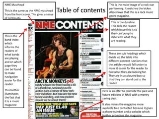 NME Masthead
This is the same as the NME masthead
from the front cover. This gives a sense
of continuity.

This is the
band index
which
informs the
readers of
what bands
are playing
and on which
page they
can be found
to make
navigation
easier for the
reader.
This further
illuminates
the fact that
it is a music
magazine

Table of contents

This is the main image of a rock star
performing. It matches the kicker.
Also shows that this is a rock music
genre magazine.
This is the dateline.
This tells the reader
which issue this is so
they can be up to
date with what they
are reading.

These are sub headings which
divide up the table into
different content sections that
the articles would fall under to
make it easier for the reader to
find what they are looking for.
They are in a coloured box so
that they can stand out to the
reader
Here is an offer to promote the past and
future editions of NME with a money
saving deal.

It also makes the magazine more
available to e contacted because it gives
a phone number and a website which
further promotes the magazine

 