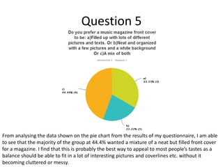 Question 5

From analysing the data shown on the pie chart from the results of my questionnaire, I am able
to see that the majority of the group at 44.4% wanted a mixture of a neat but filled front cover
for a magazine. I find that this is probably the best way to appeal to most people’s tastes as a
balance should be able to fit in a lot of interesting pictures and coverlines etc. without it
becoming cluttered or messy.

 