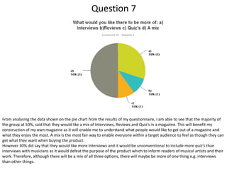 Question 7

From analysing the data shown on the pie chart from the results of my questionnaire, I am able to see that the majority of
the group at 50%, said that they would like a mix of Interviews, Reviews and Quiz’s in a magazine. This will benefit my
construction of my own magazine as it will enable me to understand what people would like to get out of a magazine and
what they enjoy the most. A mix is the most fair way to enable everyone within a target audience to feel as though they can
get what they want when buying the product.
However 30% did say that they would like more Interviews and it would be unconventional to include more quiz’s than
interviews with musicians as it would defeat the purpose of the product which to inform readers of musical artists and their
work. Therefore, although there will be a mix of all three options, there will maybe be more of one thing e.g. interviews
than other things.

 