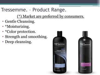 Tressemme. – Product Range.
(*) Market are preferred by consumers.
• Gentle Cleansing.
• *Moisturizing.
• *Color protection.
• Strength and smoothing.
• Deep cleansing.
 