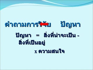 คำถามการวิจัย ปัญหา ปัญหา  =  สิ่งที่น่าจะเป็น  -  สิ่งที่เป็นอยู่  x  ความสนใจ 