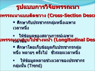 รูปแบบการวิจัยพรรณนา ศึกษากับประชากรกลุ่มหนึ่งเฉพาะเวลาหนึ่ง  ให้ข้อมูลของสถานการณ์เฉพาะเวลานั้น 1.  การวิจัยพรรณนาแบบตัดขวาง  (Cross-Section Descriptive) ศึกษาโดยเก็บข้อมูลกับประชากรกลุ่มหนึ่ง หลายๆ ครั้งไป ชั่วระยะเวลาหนึ่ง  ให้ข้อมูลหลายช่วงเวลาของประชากรกลุ่มนั้น  (Trend) 2.  การวิจัยพรรณนาแบบไปข้างหน้า  (Longitudinal Descriptive) 