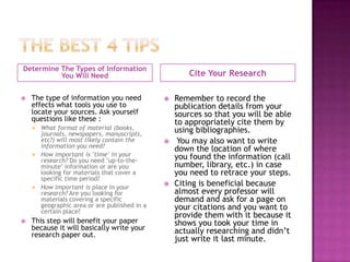Determine The Types of Information
          You Will Need                               Cite Your Research

   The type of information you need             Remember to record the
    effects what tools you use to                 publication details from your
    locate your sources. Ask yourself             sources so that you will be able
    questions like these :                        to appropriately cite them by
     What format of material (books,             using bibliographies.
      journals, newspapers, manuscripts,
      etc?) will most likely contain the          You may also want to write
      information you need?
                                                  down the location of where
     How important is "time" in your
      research? Do you need "up-to-the-
                                                  you found the information (call
      minute" information or are you              number, library, etc.) in case
      looking for materials that cover a          you need to retrace your steps.
      specific time period?
     How important is place in your
                                                 Citing is beneficial because
      research? Are you looking for               almost every professor will
      materials covering a specific               demand and ask for a page on
      geographic area or are published in a       your citations and you want to
      certain place?
                                                  provide them with it because it
   This step will benefit your paper             shows you took your time in
    because it will basically write your          actually researching and didn’t
    research paper out.
                                                  just write it last minute.
 