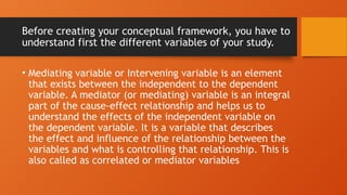 Before creating your conceptual framework, you have to
understand first the different variables of your study.
• Mediating variable or Intervening variable is an element
that exists between the independent to the dependent
variable. A mediator (or mediating) variable is an integral
part of the cause-effect relationship and helps us to
understand the effects of the independent variable on
the dependent variable. It is a variable that describes
the effect and influence of the relationship between the
variables and what is controlling that relationship. This is
also called as correlated or mediator variables
 