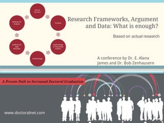 Research Frameworks, Argument
and Data: What is enough?
Based on actual research

A conference by Dr. E. Alana
James and Dr. Bob Zenhausern

www.doctoralnet.com

 