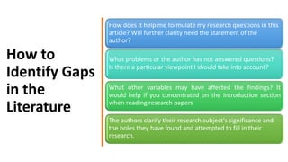 How to
Identify Gaps
in the
Literature
How does it help me formulate my research questions in this
article? Will further c...