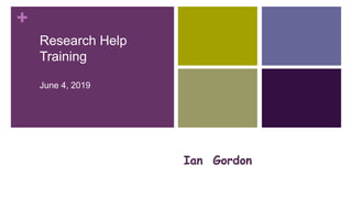 +
Ian Gordon
Research Help
Training
June 4, 2019
Happy
Pearl Jacobson, Science Librarian,
 