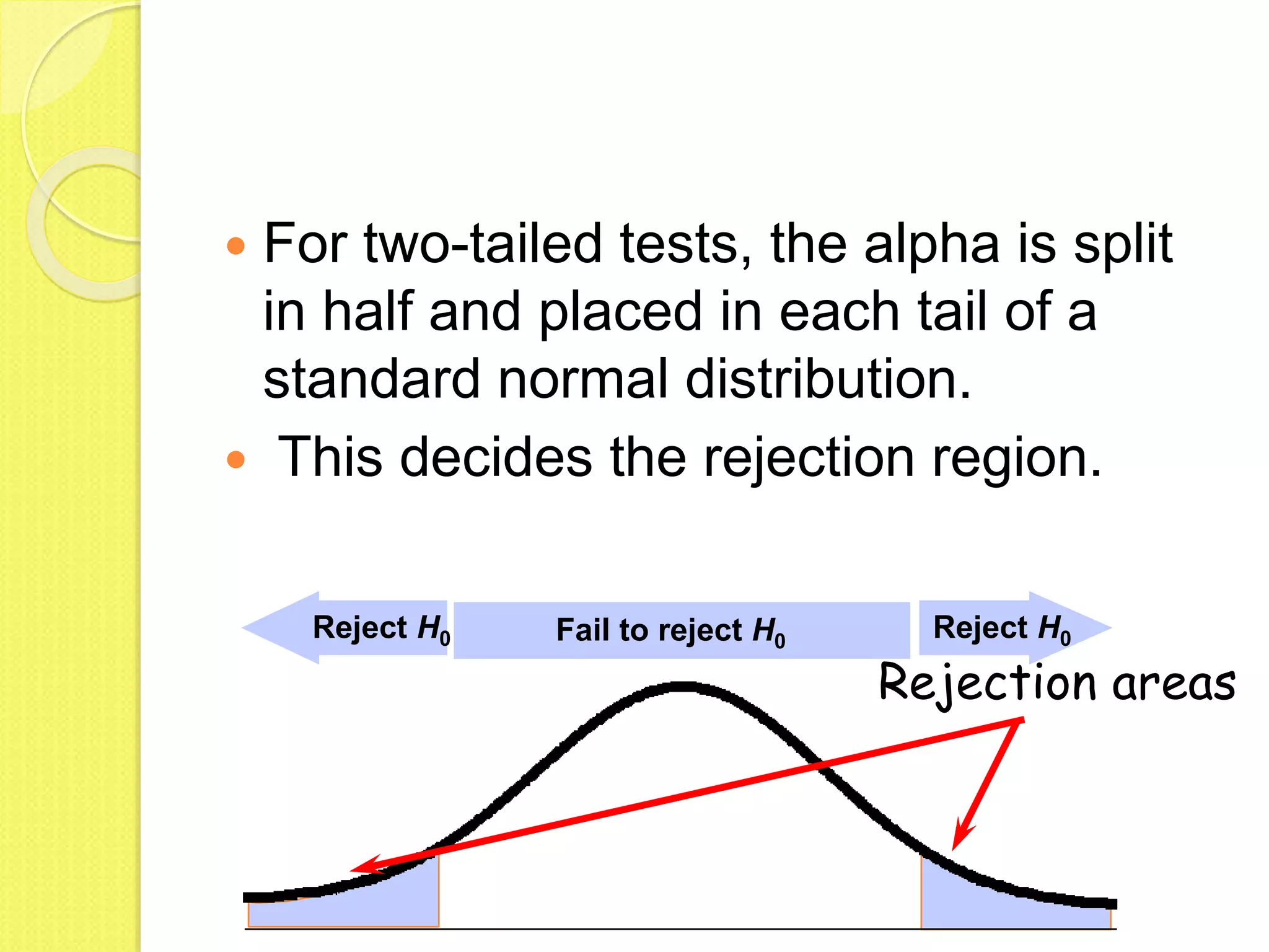  For two-tailed tests, the alpha is split
in half and placed in each tail of a
standard normal distribution.
 This decides the rejection region.
Rejection areas
Fail to reject H0
Reject H0 Reject H0
 