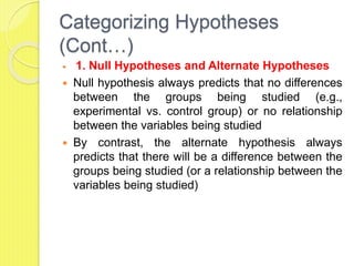Categorizing Hypotheses
(Cont…)
 1. Null Hypotheses and Alternate Hypotheses
 Null hypothesis always predicts that no differences
between the groups being studied (e.g.,
experimental vs. control group) or no relationship
between the variables being studied
 By contrast, the alternate hypothesis always
predicts that there will be a difference between the
groups being studied (or a relationship between the
variables being studied)
 