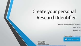 Create your personal
Research Identifier
ResearcherID –Web of Science
ORCID ID
Scopus ID
This work is licensed under a
Creative Commons Attribution-NonCommercial 4.0 International License.
Presented by Jen Eidelman
 
