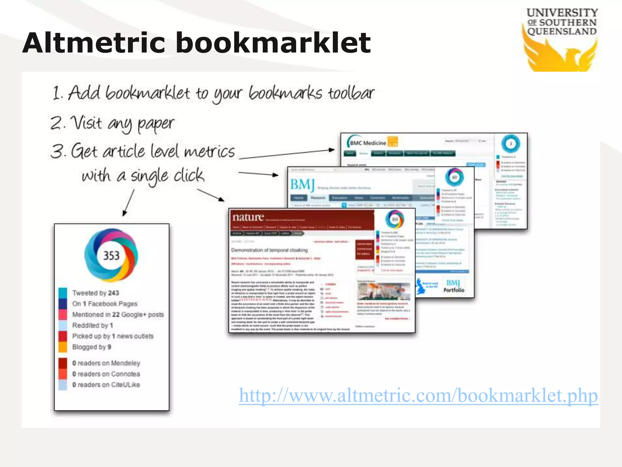 Altmetric bookmarklet




             http://www.altmetric.com/bookmarklet.php
 