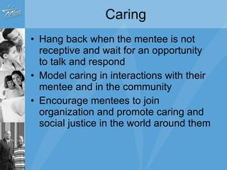 Caring Hang back when the mentee is not receptive and wait for an opportunity to talk and respond  Model caring in interactions with their mentee and in the community Encourage mentees to join organization and promote caring and social justice in the world around them 