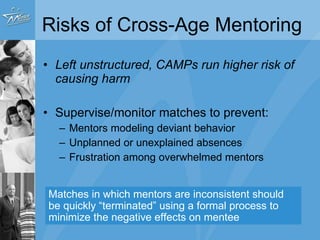 Risks of Cross-Age Mentoring  Left unstructured, CAMPs run higher risk of causing harm Matches should be monitored closely for: Mentors modeling deviant behavior Unplanned and unexplained absences Frustration among overwhelmed mentors Matches in which mentors are inconsistent should be quickly “terminated” using a formal process to minimize the negative effects on mentee 