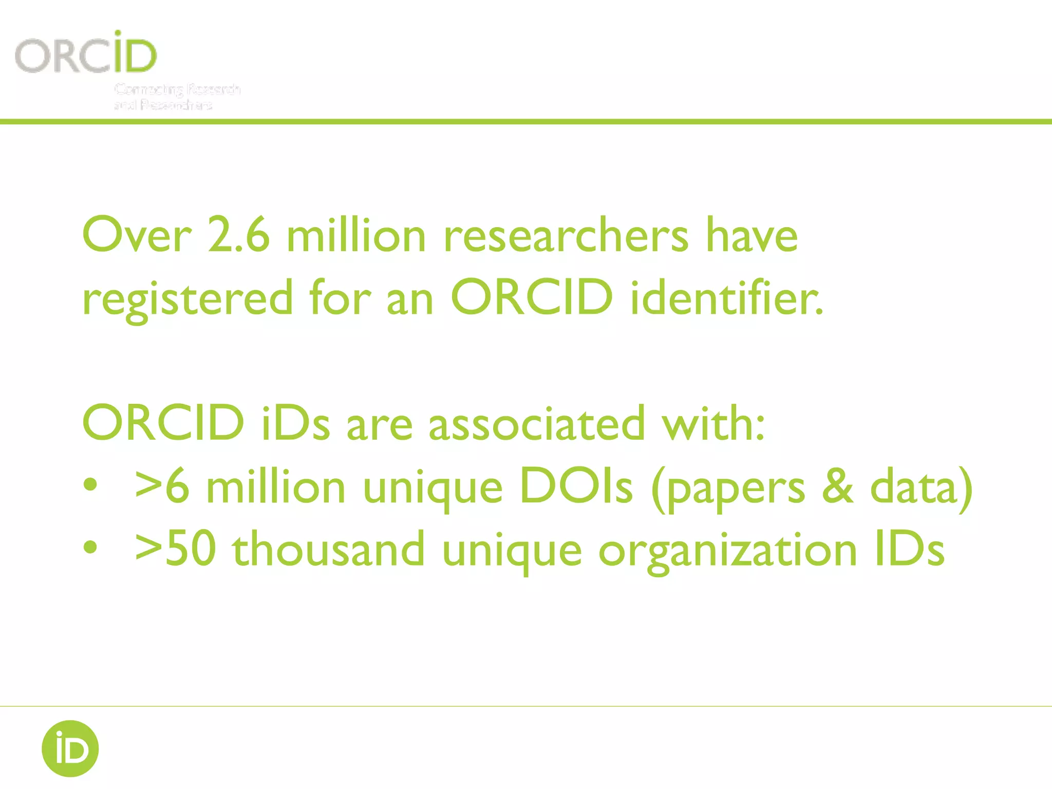 Over 2.6 million researchers have
registered for an ORCID identifier.
ORCID iDs are associated with:
•  >6 million unique DOIs (papers & data)
•  >50 thousand unique organization IDs
 